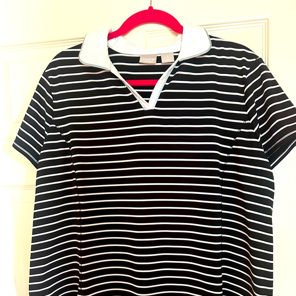 Chicos Classic Black and White Striped Polo Shirt, size 3